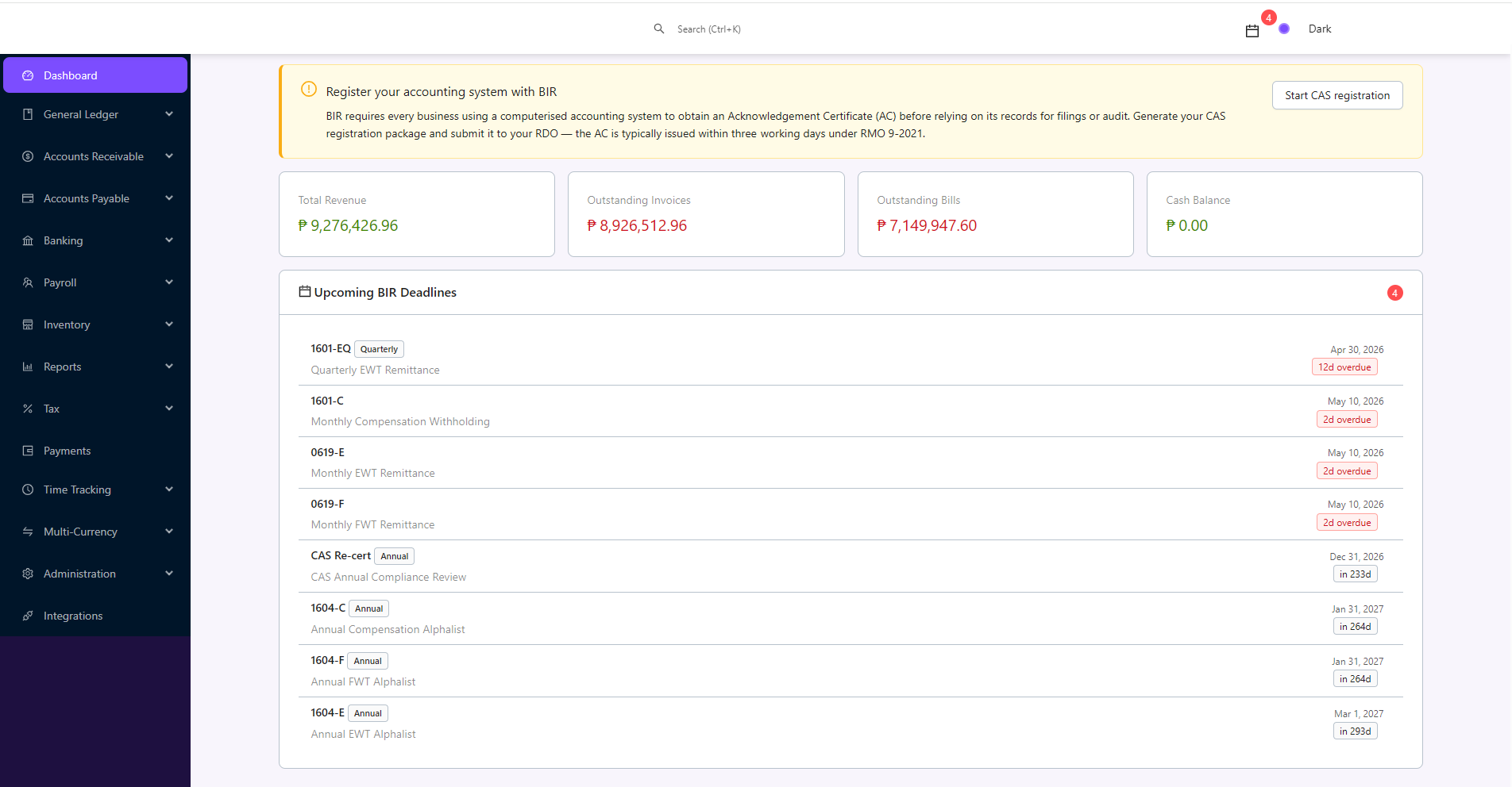 eKapital dashboard showing BIR deadlines, financials overview, and upcoming compliance tasks